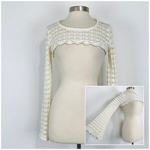 Women Boho Festival Shrug Top Size Medium Knit Crochet Flared Long Sleeve Bolero